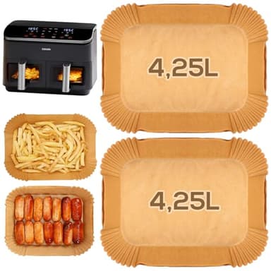 YQL Airfryer Backpapier für Cosori Heißluftfritteuse 2 Kammern Airfryer 8,5L, Air Fryer Zubehör für Cosori CAF-R901-AEU Doppel-Heißluftfritteuse/Cookwise Dual Zone 9L, 100 Stück Air Fryer Einsatz