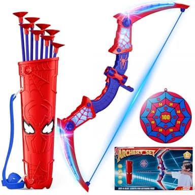 Spielzeug ab 3-12 Jahre Junge, Spider Spielzeug mit Rot & Blau LED Lichtern, Spider Köcher & Netz-Zielscheibe, Geschenk Junge 3-12 Jahre Geschenkideen Kinderspielzeug Garten Outdoor Spiele für Kinder