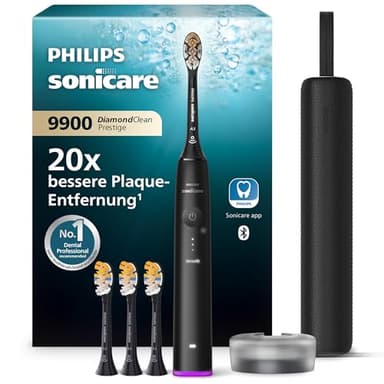 Philips Sonicare DiamondClean 9900 Prestige elektrische Zahnbürste, mit SenseIQ Technologie und App, 5 Putzmodi, 3 Intensitätsstufen, Reiseladeetui, schwarz, Modell HX9992/43