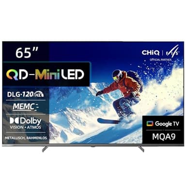 CHIQ M65QA9 65 Zoll(146 cm) 4K UHD QD-Mini LED Smart Google TV, DLG 120Hz*(Software-Enhanced), HDR10, Dolby Vision& Atmos, Chromecast, Airplay, Prime Video, Integrierter Google Assistant
