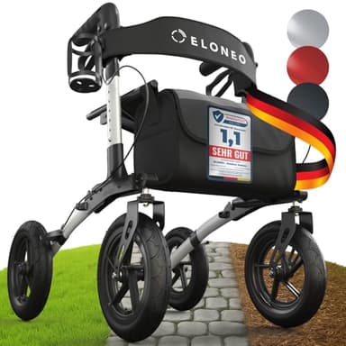ELONEO Rollator faltbar und leicht mit Sitz, Outdoor Rollator mit Luftbereifung inkl. Sitzfläche, Rückengurt, höhenverstellbare Gehhilfe aus Aluminium inkl. Tasche und Stockhalter Silber