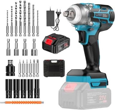 Akku-Schlagschrauber, 300Nm Brushless, 1/2", 21V 4.0Ah Akku, für Schlagschrauber für PKW-Reifenwechsel & Montage, Schnellladegerät & 26-tlg Zubehör im Koffer