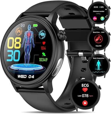 2026 NUE Smartwatch mit EKG/ΒΙυtｚυcker/ΒΙutdrυck/HRV,1.39" rund Gesundheitsuhr mit BMI/Hαrnsäure/Telefon/SOS-Taste 24H Herzfrequenz SPO2 Apnoe Schlafmonitor Stress Emotion Wetteranzeige Damen herren