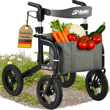 FabaCare Outdoor-Rollator mit Vollausstattung Feststellbremse, Leichtgewichtrollator Puma Air mit Luftbereifung, faltbar, abnehmbare Tasche, Rückengurt, Stockhalter, Getränkehalter, Farbe matt-schwarz