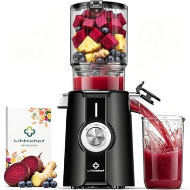 LINKChef Entsafter Slow Juicer, 115 mm Große Einfüllöffnung für Entsafter Gemüse und Obst Testsieger, Kaltentsafter 200W, BPA-frei, Einfach zu Reinigen und Montieren, Schwarz