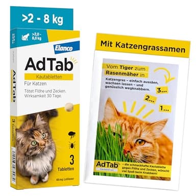 AdTab Katze 2-8 kg, Floh- & Zeckenschutz Promo-Set mit Katzengrassamen, 3 Kautabletten gegen Zecken & Flöhe, einfach zu verabreichen & lecker