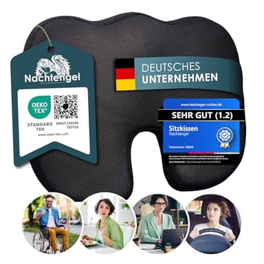 Nachtengel SITZKISSEN ORTHOPÄDISCH MIT Memory Foam – Sitzkissen Stuhl für ergonomischen Komfort & Steißbeinentlastung – Effektives Steißbeinkissen für Büro, Homeoffice & Auto – (Medium 60-90kg)