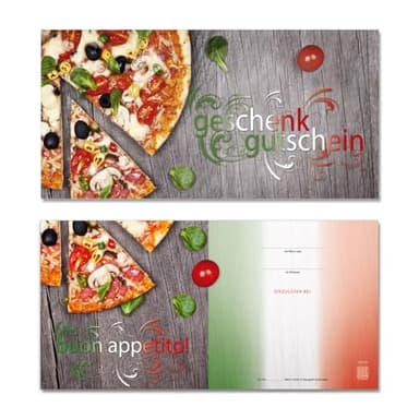 GESCHENKGUTSCHEINcom by POS-HAUER. 100 Gutscheine, blanko zum selbst Ausfüllen. Für Pizzeria Gastronomie Pizzeria.