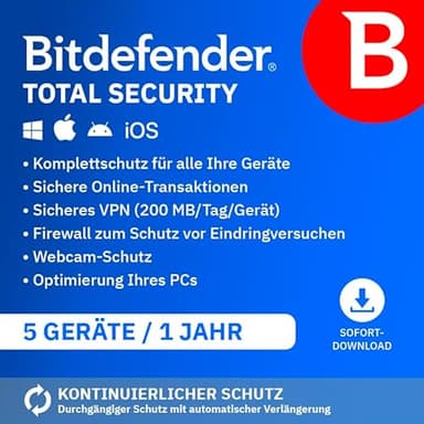 Bitdefender Total Security| 5 Geräte | 1 Jahr | PC/Mac/iOS/Android | Code zur Aktivierung per E-Mail | Automatische Verlängerung
