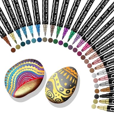Metallic Markers Stifte, 24 Farben Acrylstifte für Steine Wasserfest, Metallic Stifte für Fotoalbum, Gästebuch Hochzeit, Scrapbook Zubehör, Schwarzes Papier,Porzellan,Glas,Leinwand,Keramik,Holz,Eier