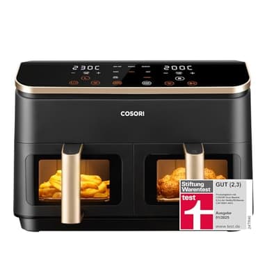 COSORI Heißluftfritteuse 2 Kammern, Airfryer Testsieger der Stiftung Warentest, 6-in-1 Dual Zone Air fryer 8,5 L, Heissluftfritteuse Doppelkammer mit Sichtfenster, energiesparend, Gold