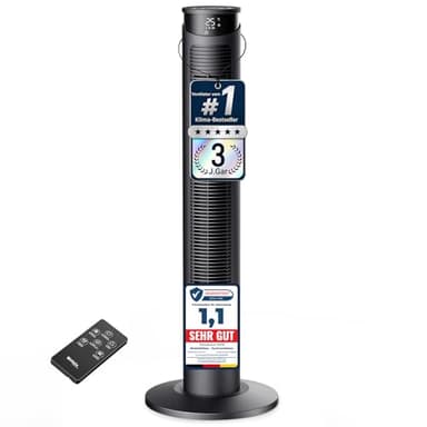 WoleixKlima Ventilator sehr leise 25dB, Turmventilator sehr leise mit Fernbedienung, Standventilator sehr leise mit Fernbedienung, 40W, 4 Modi&3 Stufen, 75°Oszillation, 12H Timer, 93CM