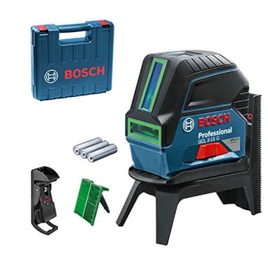 Bosch Professional Kreuzlinienlaser GCL 2-15 G (grüner Laser, Innenbereich, mit Lotpunkten, Arbeitsbereich: 15 m, 3x 1,5 V Batterien, Drehhalterung RM 1, Laserzieltafel, Handwerkerkoffer)