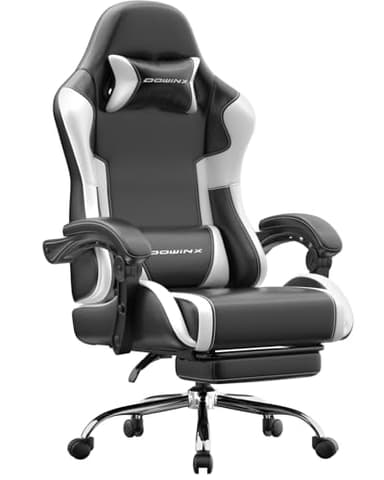 Gaming Stuhl Ergonomisch mit Fußstütze, Gepolsterter Gamer Stuhl bis 180 kg, 150° Verstellbare Rückenlehne, Komfortabler Gamingstuhl Bürostuhl für Gaming und Büro, Schwarzweiß