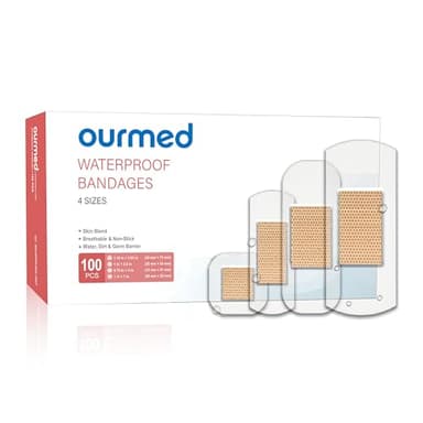 ourmed Waterproof Clear Bandages, Stays On Skin in The Bath, Shower Or Pool, Adhesive Bandages for First-Aid Wound Care of Minor Cuts and Scrapes, Assorted Sizes, 100 Count