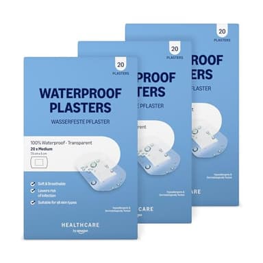 Healthcare By Amazon Wasserdichte Pflaster, 60 Stück (3 Packungen à 20 Stück), 7,5cm x 5,0cm (Zuvor eine Marke von Amazon Basic Care, Identisches Produkt)