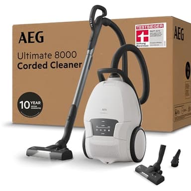 AEG Ultimate 8000 Staubsauger mit Beutel, Testsieger der Stiftung Warentest, hohe Saugleistung, Auto-Modus, Alle Böden, 48% Recyclingkunststoff, 3in1 Düse, HEPA-Filtration, 12m, LED-Licht, AB81U1SW