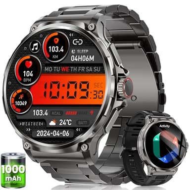 Smartwatch Herren Militär mit 1000 mAh Akku, 1.92" AMOLED Touchscreen Fitnessuhr mit Telefonfunktion, 5ATM Wasserdicht, 120+ Sportmodi Sportuhr, Herzfrequenz SpO2 Schlafmonitor, iOS Android, Schwarz