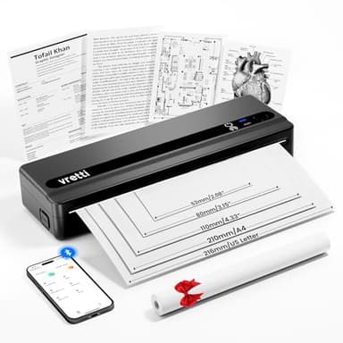 vretti PB821 Mobiler Drucker, Tragbare Thermodrucker unterstützt das Bedrucken von A4-Thermopapier,Bluetooth Thermodrucker unterstützt iOS und Android,Schwarz