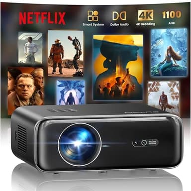 Smart Beamer, jetzt mit Netflix, Dolby Audio, WiMiUS 1100 ANSI Autofokus/6D Trapezkorrektur Led Beamer 4K Heimkino Unterstützt, WiFi Bluetooth Full HD 1080P Outdoor Deckenmontage Projektor für Handy