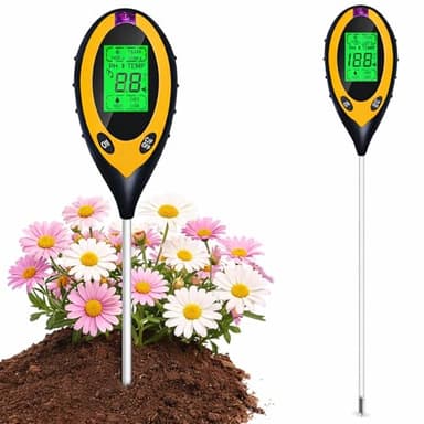 4 in 1 Bodenmessgerät Digital, pH Messgerät Erde, Boden Feuchtigkeitsmessgerät Pflanzen mit Temperatur & Lichtmesser, Bodentest Messgerät für Gartenarbeit, Landwirtschaft, Indoor & Outdoor Pflanzen