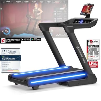 Sportstech sTread Pro/Lite Laufband für Zuhause klappbar – Treadmill bis 20 km/h, 16 % Steigung, Laufband 150kg max., LEDs, APP-kompatibel, leiser 7 PS Motor, extra große Lauffläche